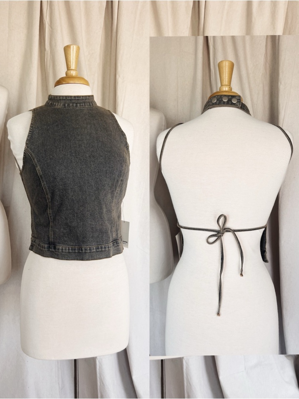 Sleeveless Washed Black Denim Crop Halter Top